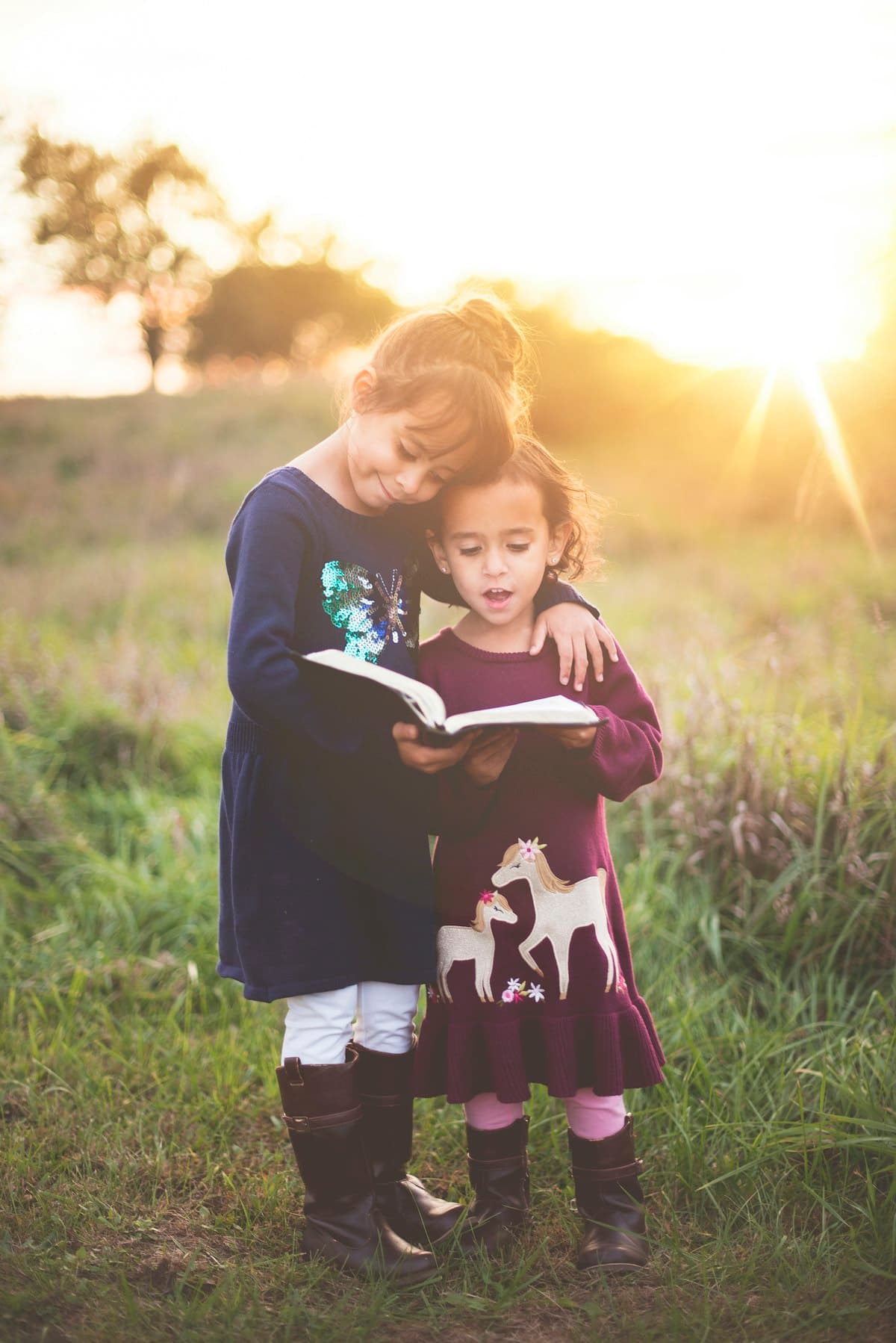 Two sisters reading a book in tall grass at sunset